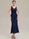 Deep V-Neck Embroidered Sleeveless Evening Dress - Navy Blue