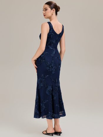 Deep V-Neck Embroidered Sleeveless Evening Dress - Navy Blue