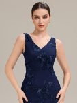 Deep V-Neck Embroidered Sleeveless Evening Dress – Navy Blue