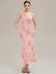 Deep V-Neck Embroidered Sleeveless Evening Dress - Pink