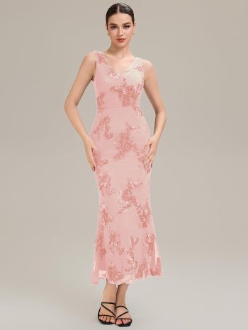 Deep V-Neck Embroidered Sleeveless Evening Dress - Pink