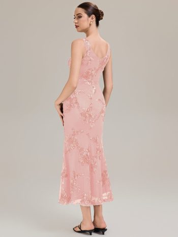 Deep V-Neck Embroidered Sleeveless Evening Dress - Pink