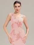 Deep V-Neck Embroidered Sleeveless Evening Dress – Pink