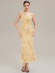 Deep V-Neck Embroidered Sleeveless Evening Dress - Yellow