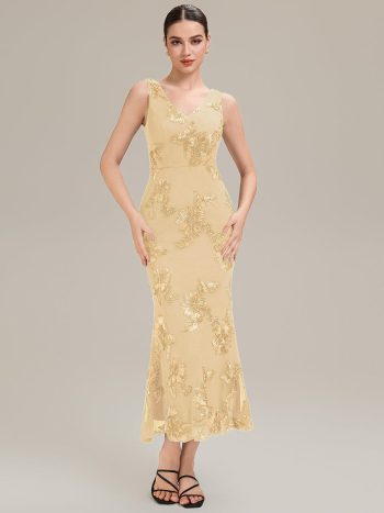 Deep V-Neck Embroidered Sleeveless Evening Dress - Yellow