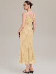 Deep V-Neck Embroidered Sleeveless Evening Dress – Yellow