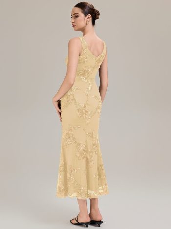 Deep V-Neck Embroidered Sleeveless Evening Dress - Yellow