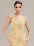 Deep V-Neck Embroidered Sleeveless Evening Dress – Yellow