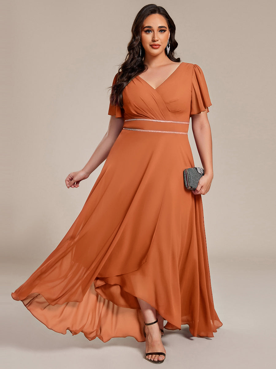 Double V-Neck Waist Trimmed Chiffon Mother of the Bride Dress - Brandied Melon Double V-Neck Waist Trimmed Chiffon Mother of the Bride Dress - Brandied Melon