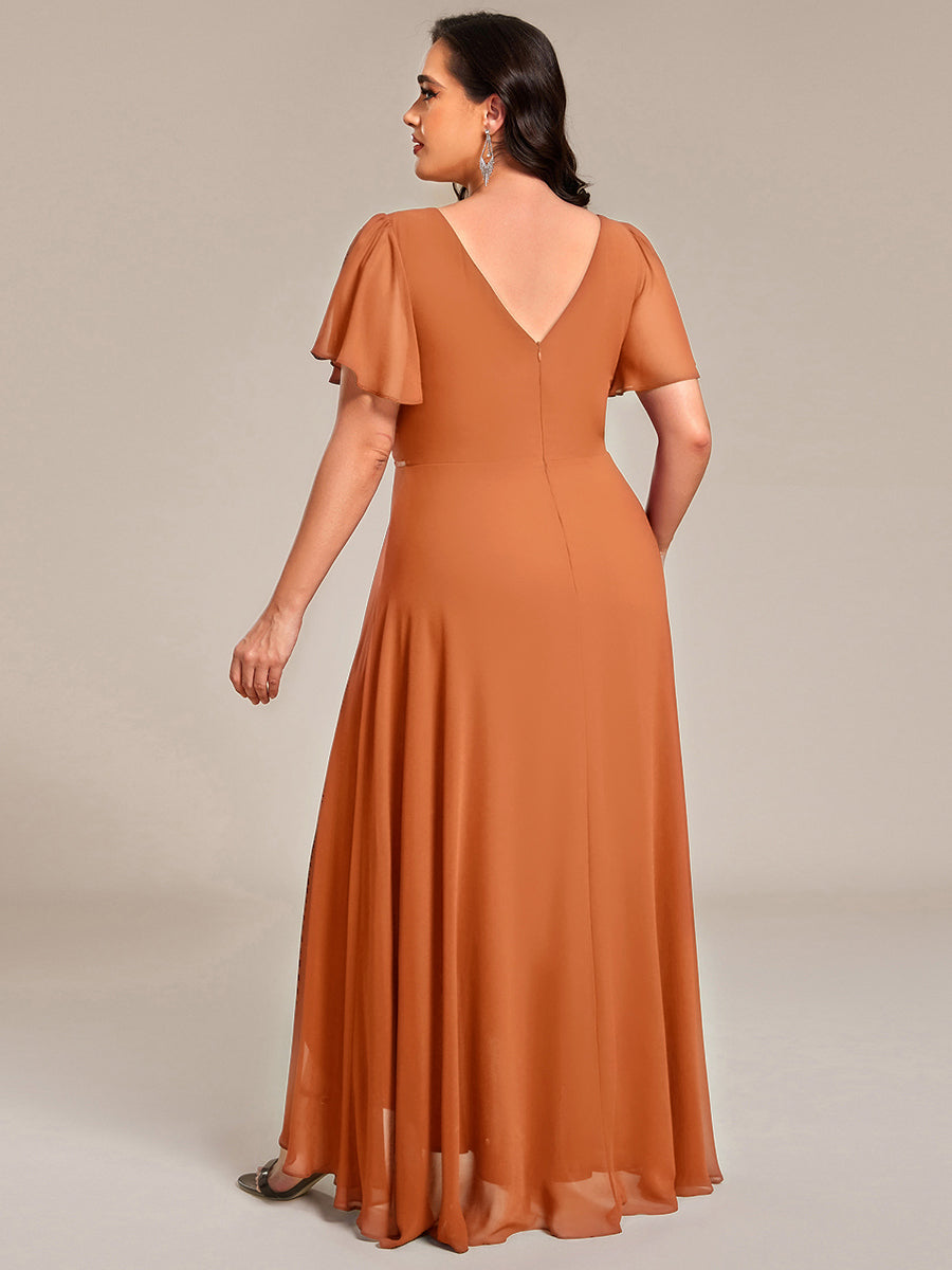 Double V-Neck Waist Trimmed Chiffon Mother of the Bride Dress - Brandied Melon Double V-Neck Waist Trimmed Chiffon Mother of the Bride Dress - Brandied Melon