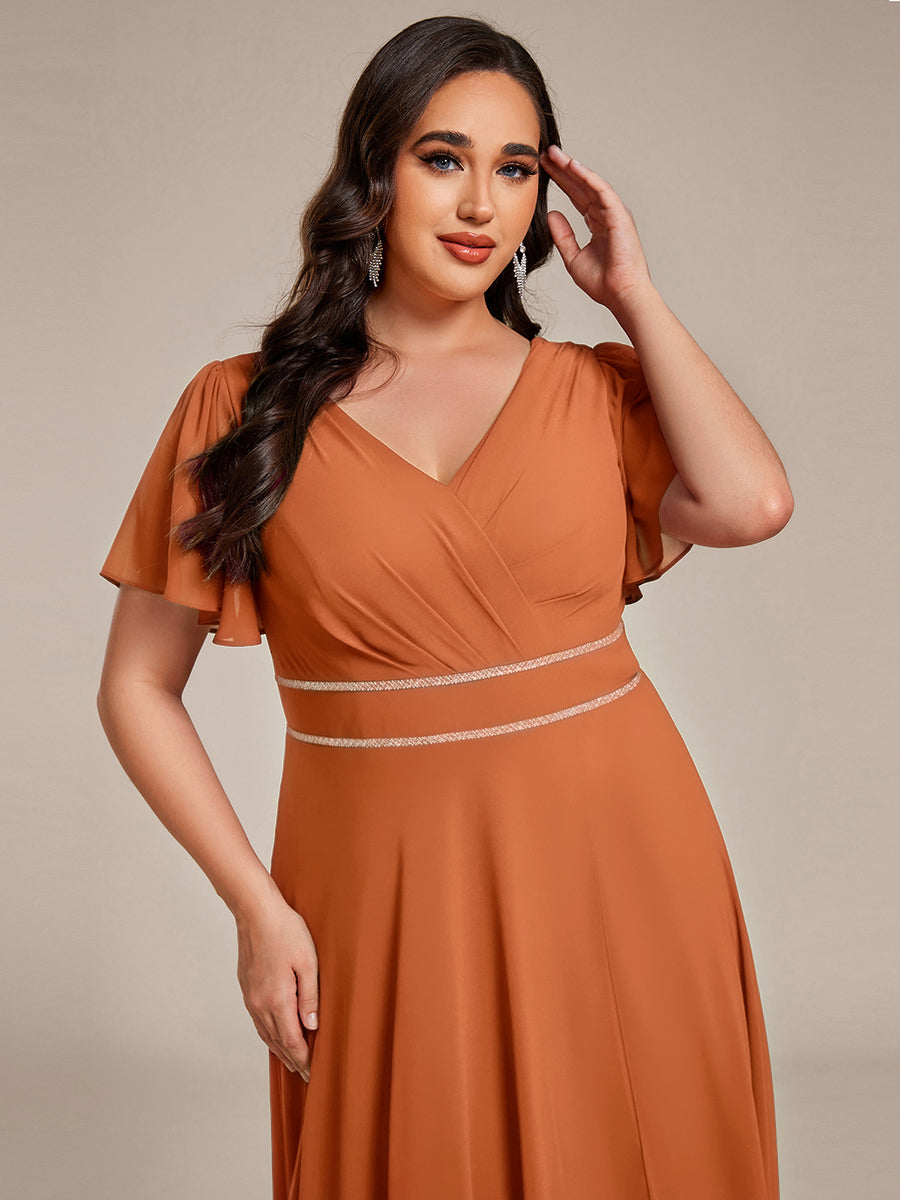 Double V-Neck Waist Trimmed Chiffon Mother of the Bride Dress - Brandied Melon Double V-Neck Waist Trimmed Chiffon Mother of the Bride Dress - Brandied Melon