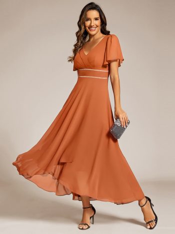 Double V-Neck Waist Trimmed Chiffon Mother of the Bride Dress - Brandied Melon