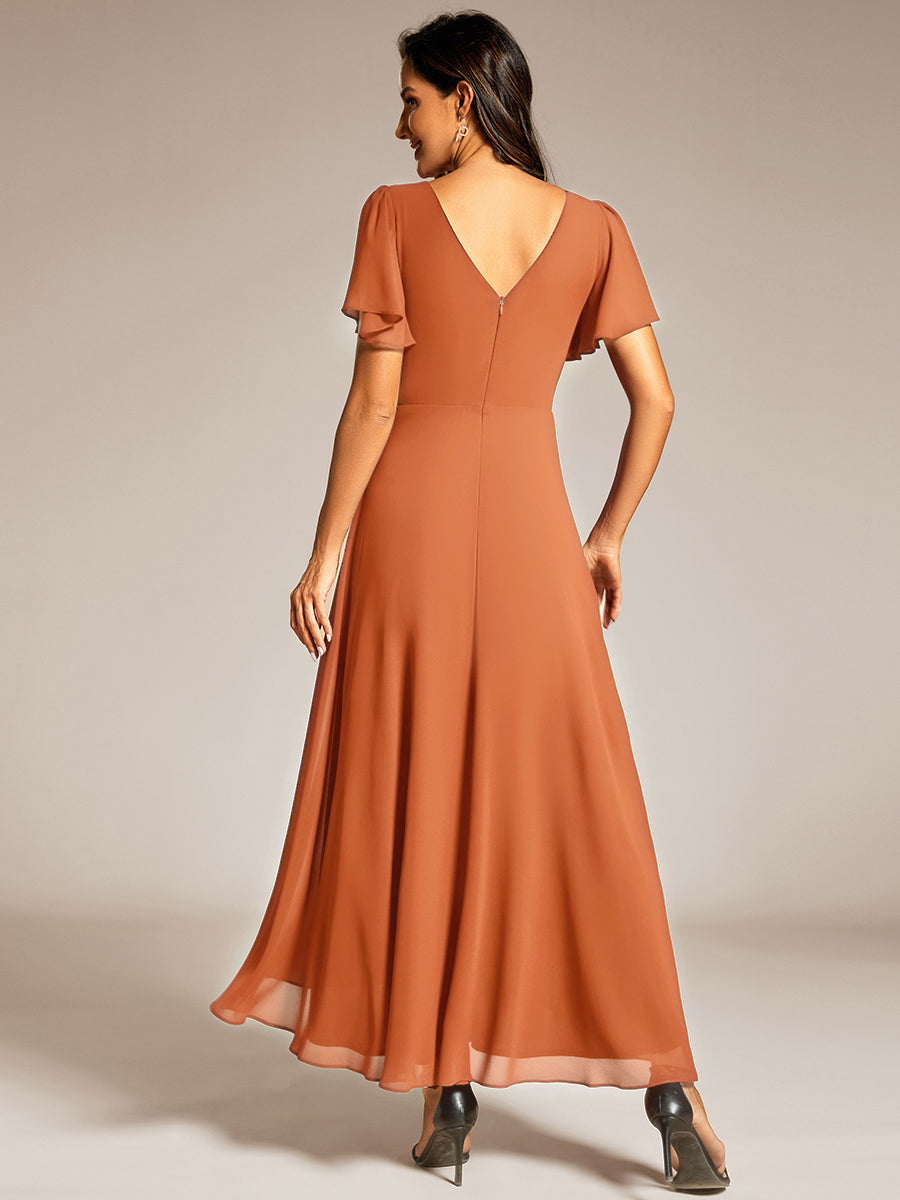 Double V-Neck Waist Trimmed Chiffon Mother of the Bride Dress - Brandied Melon Double V-Neck Waist Trimmed Chiffon Mother of the Bride Dress - Brandied Melon