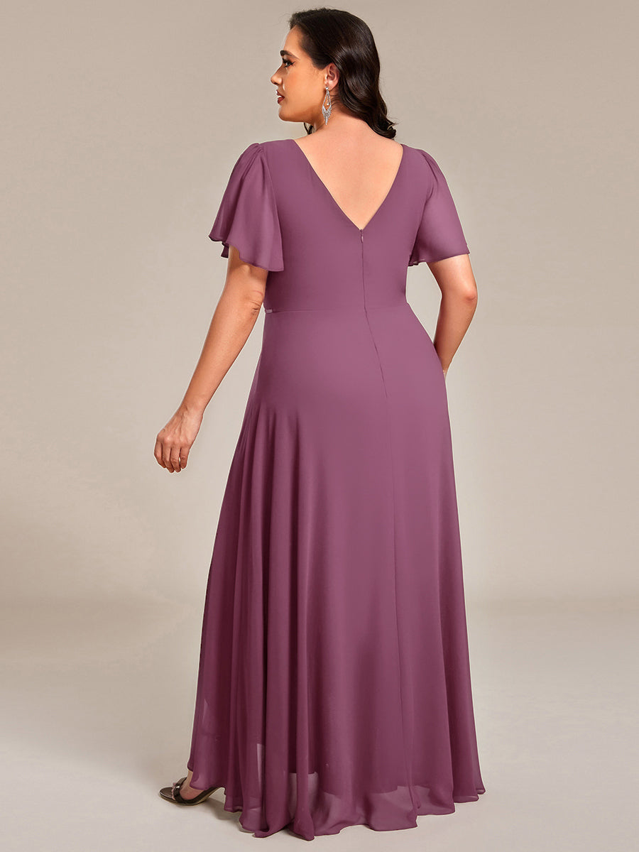 Double V-Neck Waist Trimmed Chiffon Mother of the Bride Dress - Damson Double V-Neck Waist Trimmed Chiffon Mother of the Bride Dress - Damson