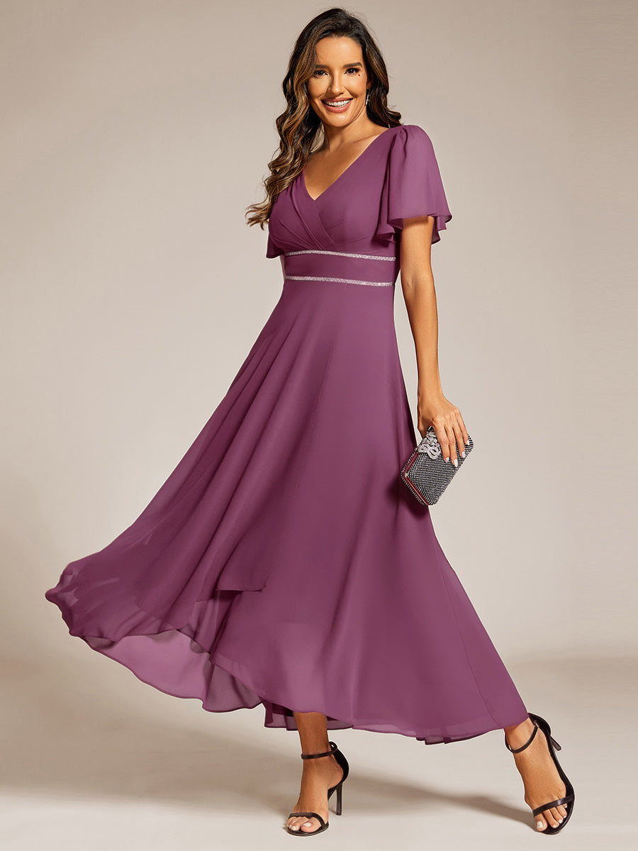 Double V-Neck Waist Trimmed Chiffon Mother of the Bride Dress - Damson Double V-Neck Waist Trimmed Chiffon Mother of the Bride Dress - Damson