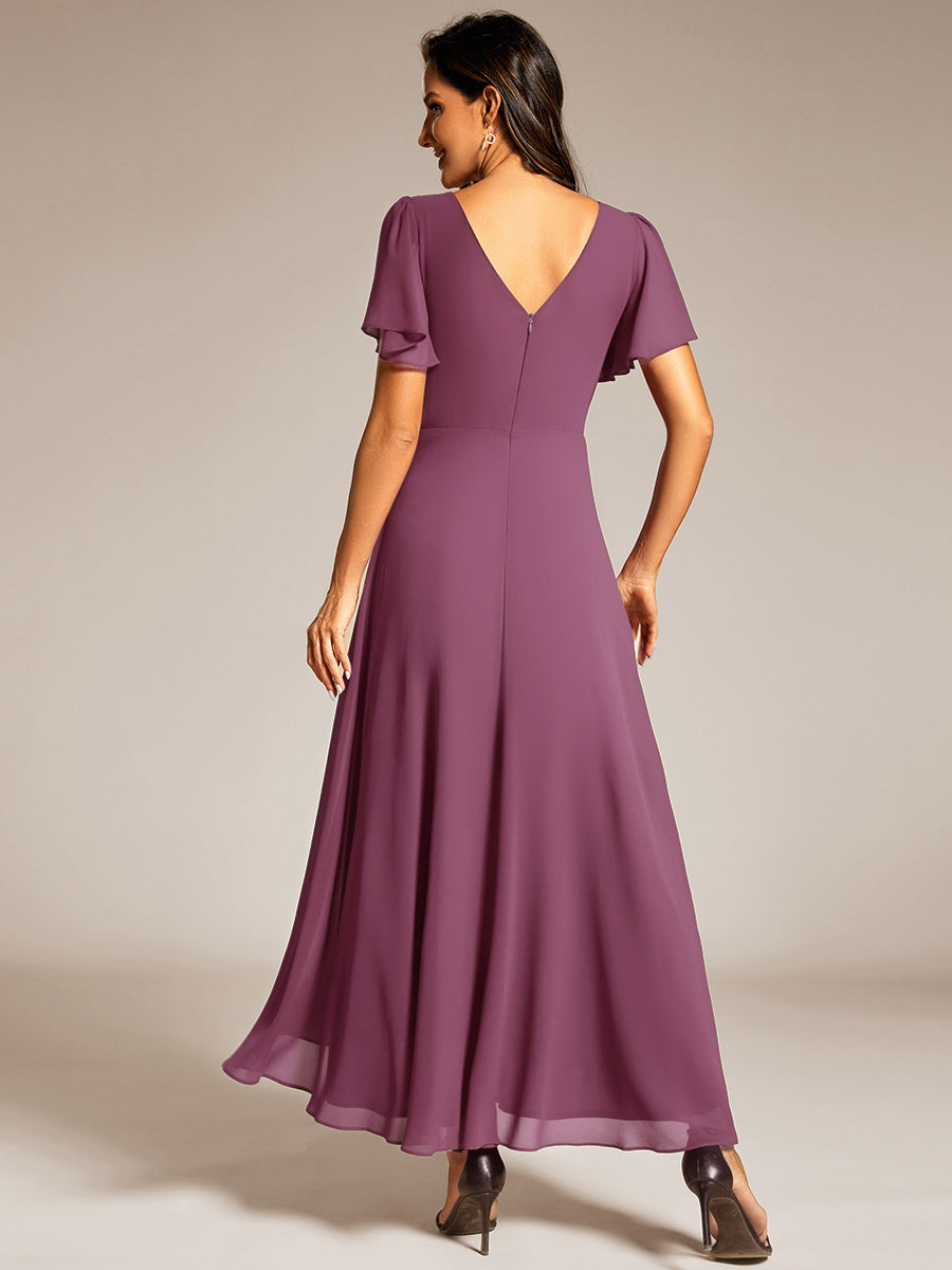 Double V-Neck Waist Trimmed Chiffon Mother of the Bride Dress - Damson Double V-Neck Waist Trimmed Chiffon Mother of the Bride Dress - Damson