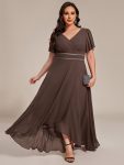 Double V-Neck Waist Trimmed Chiffon Mother of the Bride Dress – Espresso