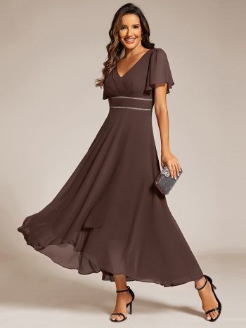 Double V-Neck Waist Trimmed Chiffon Mother of the Bride Dress - Espresso