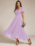 Double V-Neck Waist Trimmed Chiffon Mother of the Bride Dress – Frosted Lilac