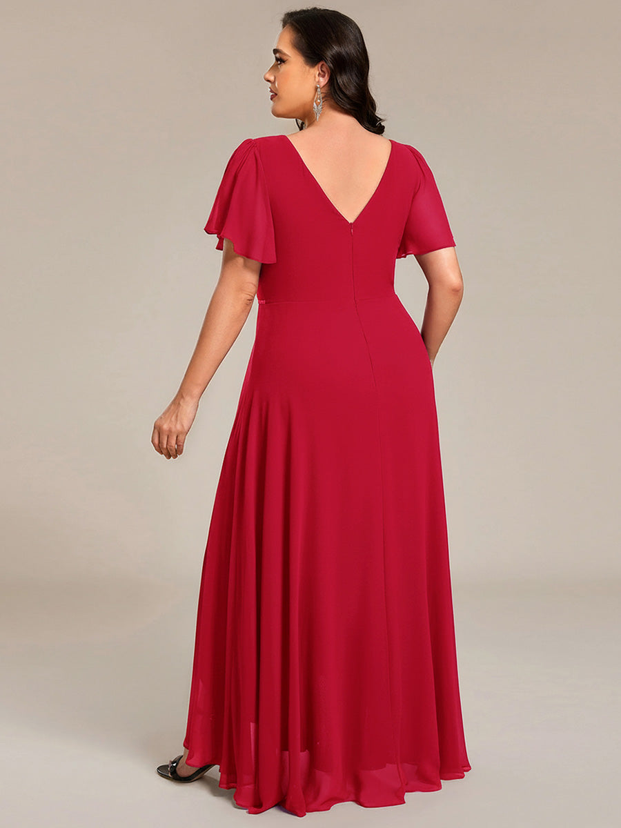 Double V-Neck Waist Trimmed Chiffon Mother of the Bride Dress - Red Double V-Neck Waist Trimmed Chiffon Mother of the Bride Dress - Red