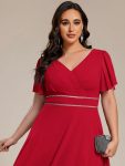 Double V-Neck Waist Trimmed Chiffon Mother of the Bride Dress – Red