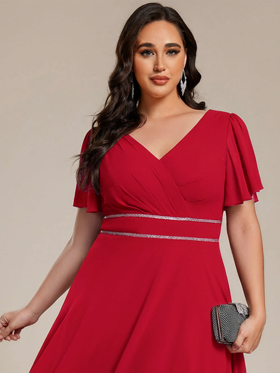 Double V-Neck Waist Trimmed Chiffon Mother of the Bride Dress - Red Double V-Neck Waist Trimmed Chiffon Mother of the Bride Dress - Red