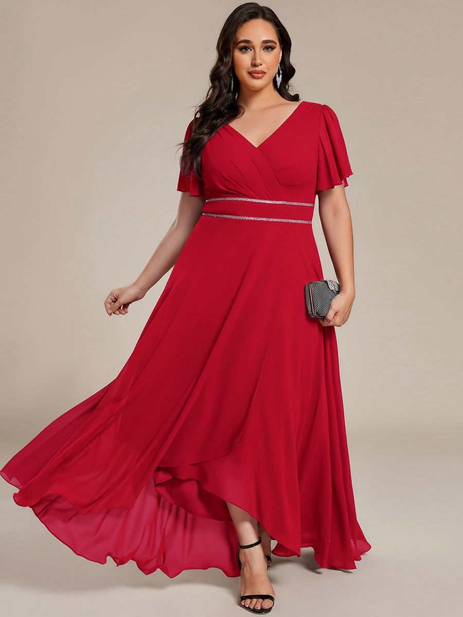 Double V-Neck Waist Trimmed Chiffon Mother of the Bride Dress - Red Double V-Neck Waist Trimmed Chiffon Mother of the Bride Dress - Red