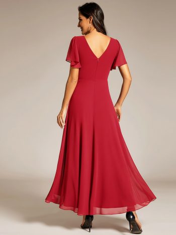 Double V-Neck Waist Trimmed Chiffon Mother of the Bride Dress - Red