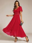 Double V-Neck Waist Trimmed Chiffon Mother of the Bride Dress – Red