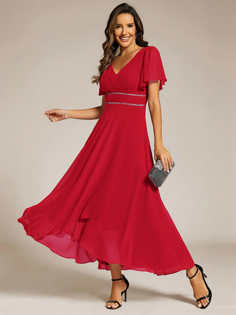Double V-Neck Waist Trimmed Chiffon Mother of the Bride Dress - Red Double V-Neck Waist Trimmed Chiffon Mother of the Bride Dress - Red
