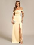 Off Shoulder Short Sleeve Split Back-Tie Satin Bridesmaid Dress - Yellow