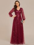 Shimmering All Over V-Neck Long Lantern Sleeve Sequin A-Line Evening Dress - Burgundy