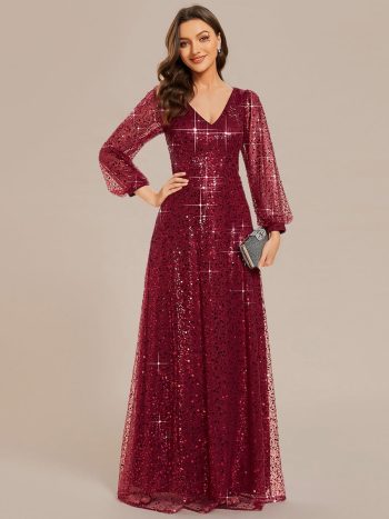 Shimmering All Over V-Neck Long Lantern Sleeve Sequin A-Line Evening Dress - Burgundy