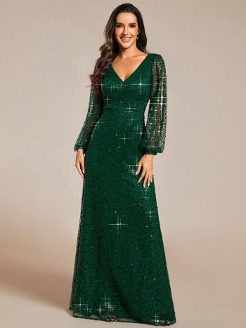 Shimmering All Over V-Neck Long Lantern Sleeve Sequin A-Line Evening Dress - Dark Green