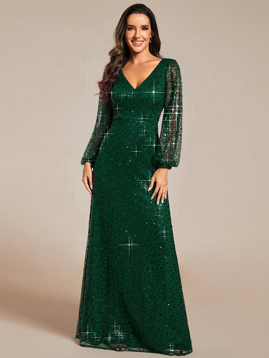 Shimmering All Over V-Neck Long Lantern Sleeve Sequin A-Line Evening Dress - Dark Green Shimmering All Over V-Neck Long Lantern Sleeve Sequin A-Line Evening Dress - Dark Green
