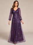 Shimmering All Over V-Neck Long Lantern Sleeve Sequin A-Line Evening Dress - Dark Purple