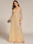 Shimmering All Over V-Neck Long Lantern Sleeve Sequin A-Line Evening Dress - Gold