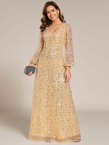 Shimmering All Over V-Neck Long Lantern Sleeve Sequin A-Line Evening Dress - Gold