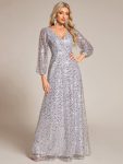 Shimmering All Over V-Neck Long Lantern Sleeve Sequin A-Line Evening Dress – Silver