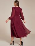 Glitter Twist Knot See-Through Long Sleeve Wedding Guest Dress – Burgundy