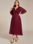 Glitter Twist Knot See-Through Long Sleeve Wedding Guest Dress – Burgundy