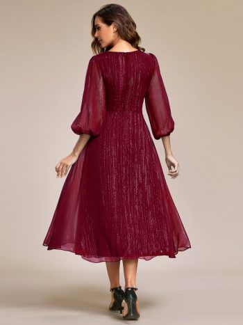 Glitter Twist Knot See-Through Long Sleeve Wedding Guest Dress - Burgundy