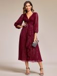Glitter Twist Knot See-Through Long Sleeve Wedding Guest Dress – Burgundy