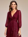 Glitter Twist Knot See-Through Long Sleeve Wedding Guest Dress – Burgundy