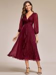 Glitter Twist Knot See-Through Long Sleeve Wedding Guest Dress - Burgundy