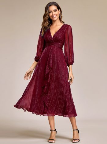 Glitter Twist Knot See-Through Long Sleeve Wedding Guest Dress - Burgundy
