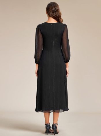 Glitter Twist Knot See-Through Long Sleeve Wedding Guest Dress - Black