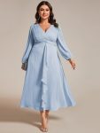 Glitter Twist Knot See-Through Long Sleeve Wedding Guest Dress – Sky Blue