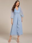 Glitter Twist Knot See-Through Long Sleeve Wedding Guest Dress – Sky Blue