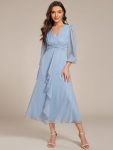 Glitter Twist Knot See-Through Long Sleeve Wedding Guest Dress - Sky Blue